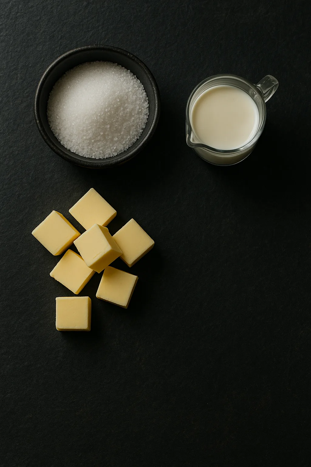 Ingredients for homemade caramel sauce flat lay on dark slate background