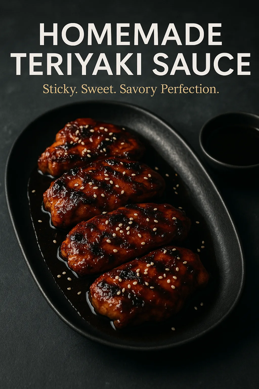 Editorial food magazine cover featuring homemade teriyaki sauce glazed chicken on a matte black platter