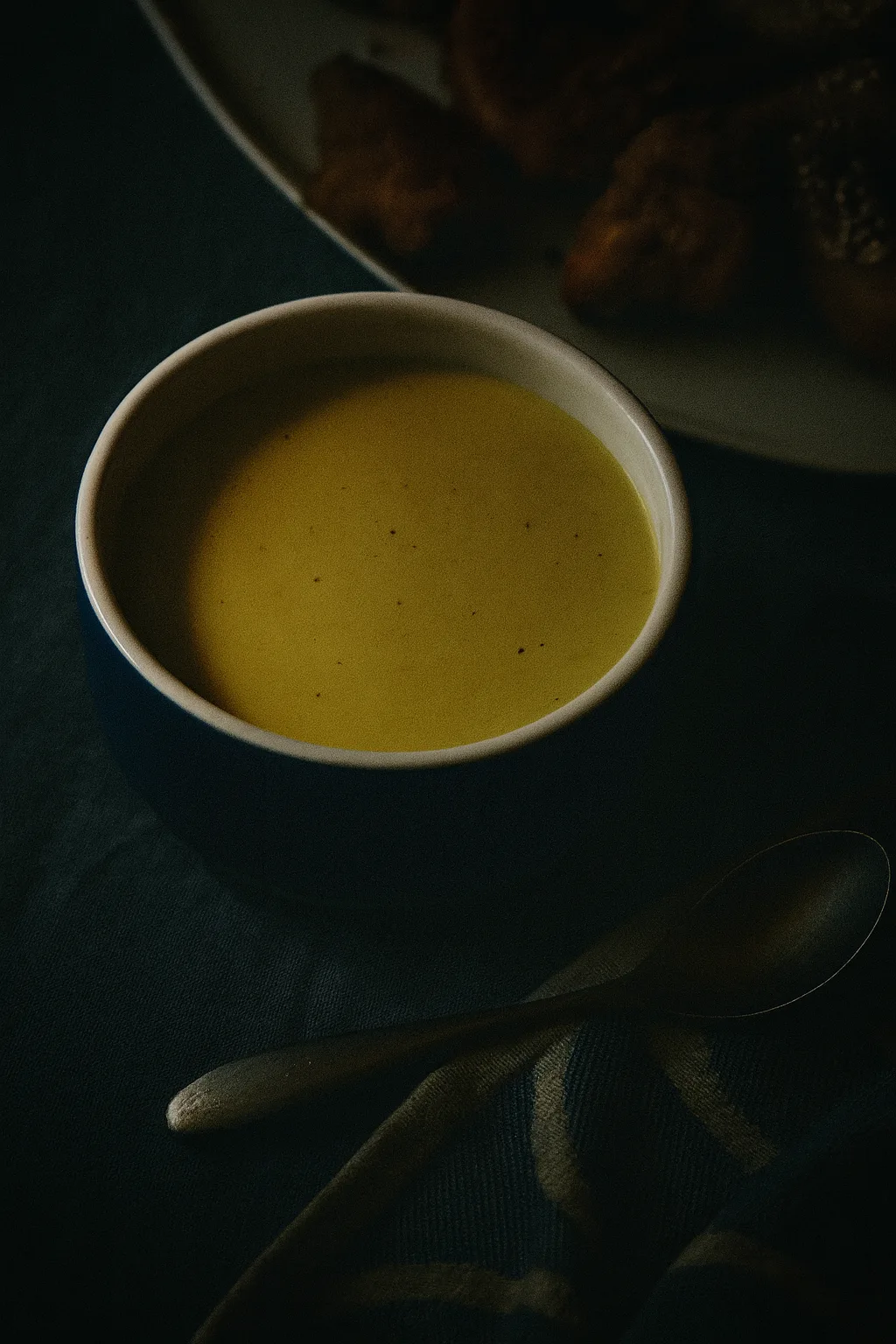 Honey mustard sauce recipe in a matte black ceramic bowl on a slate surface