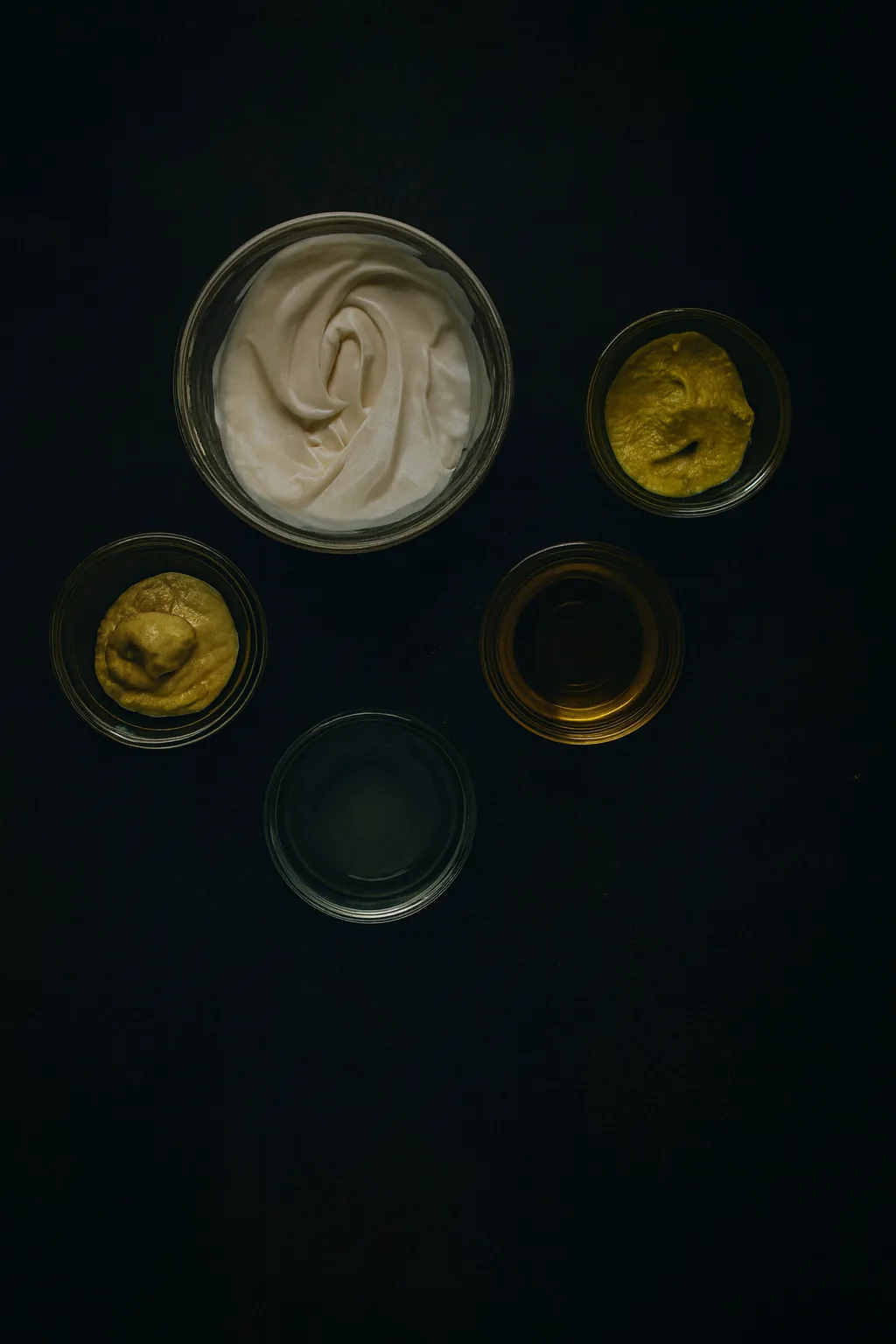 Ingredients for honey mustard sauce on a dark slate surface