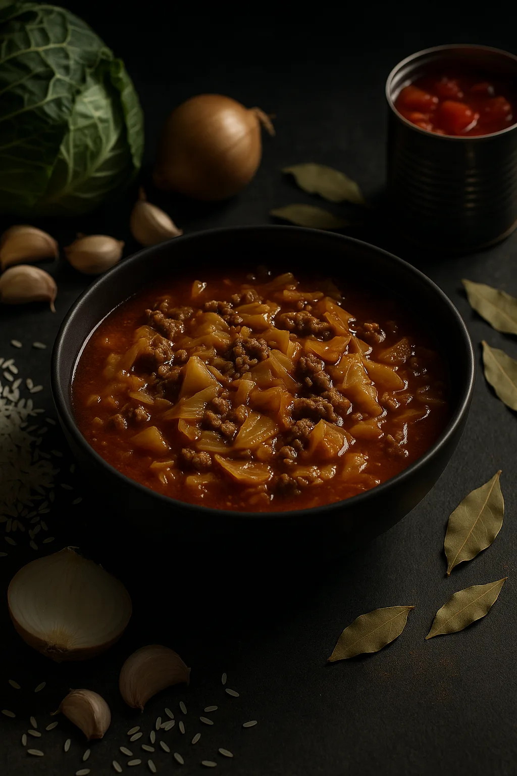 Bowl of Instant Pot cabbage roll soup on dark slate with ingredients