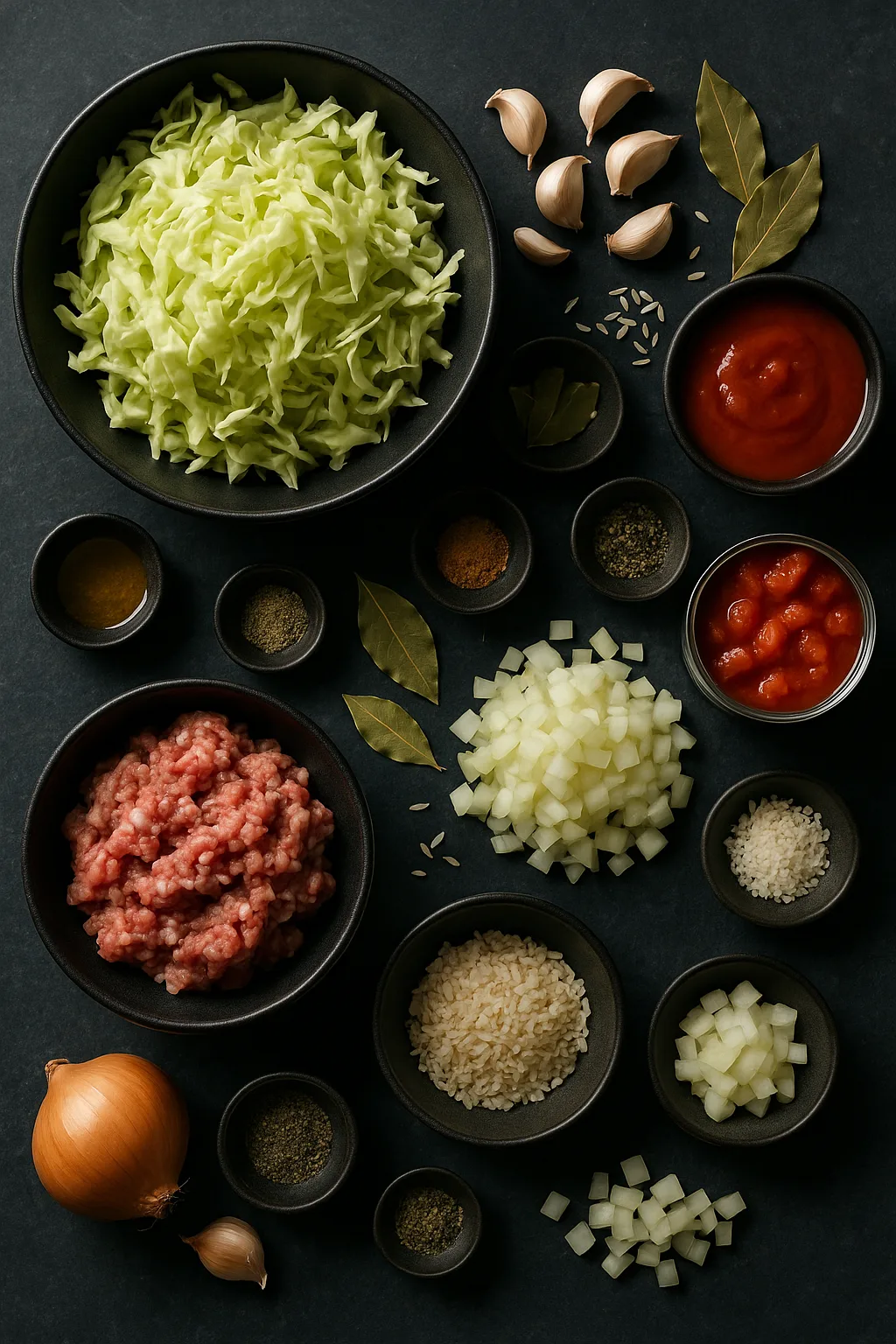 Flat lay of raw ingredients for Instant Pot cabbage roll soup on dark slate