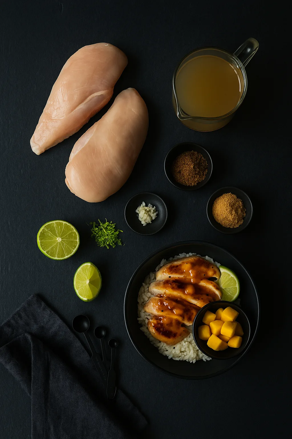 Editorial top-down flat-lay of Instant Pot Jerk Mango Lime Chicken ingredients on a dark slate surface with chicken breasts, broth, jerk seasoning, brown sugar, garlic, lime, frozen mango, and black measuring spoons