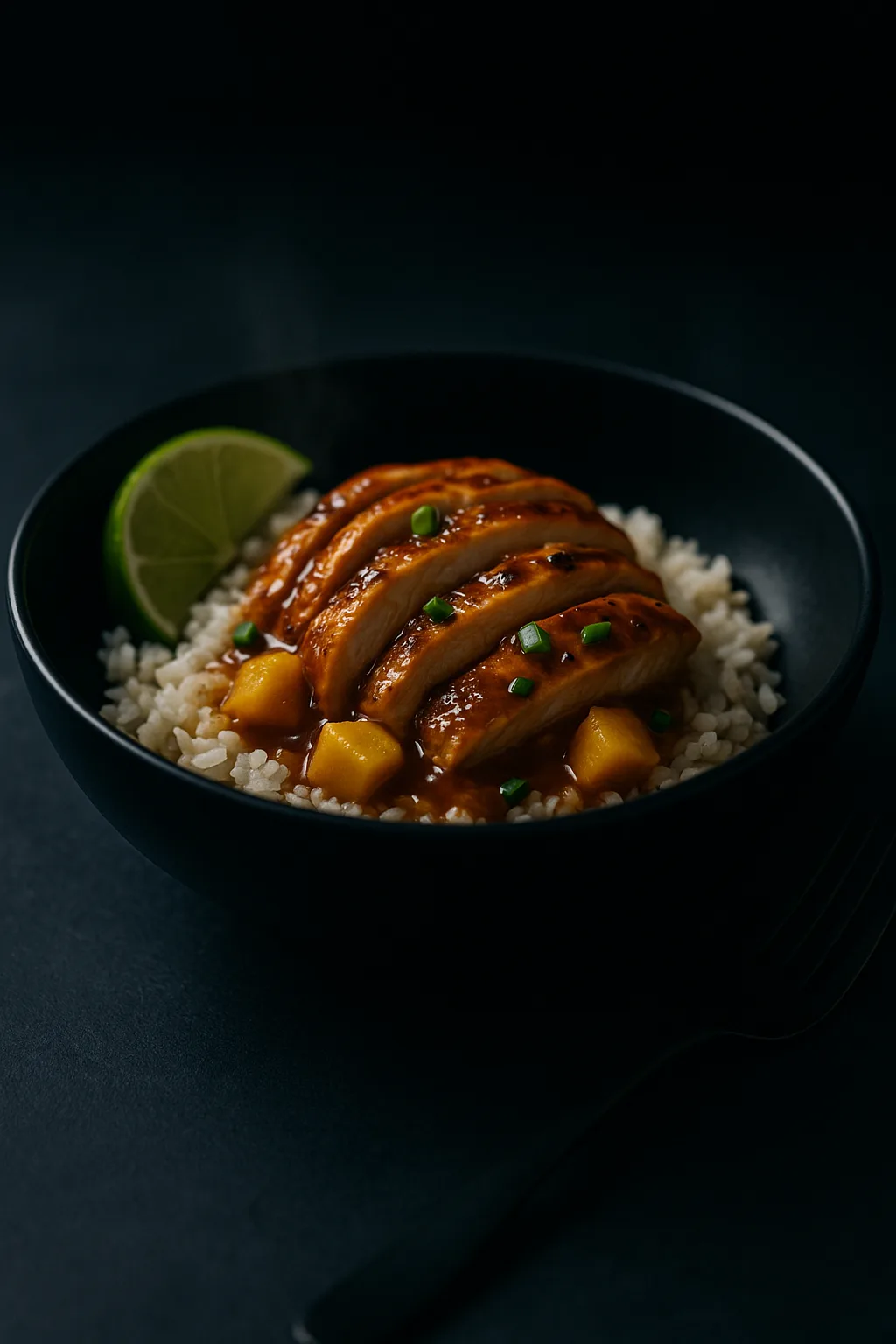 Serving scene of Instant Pot Jerk Mango Lime Chicken over coconut-lime rice in a matte black bowl with lime wedge and green onion