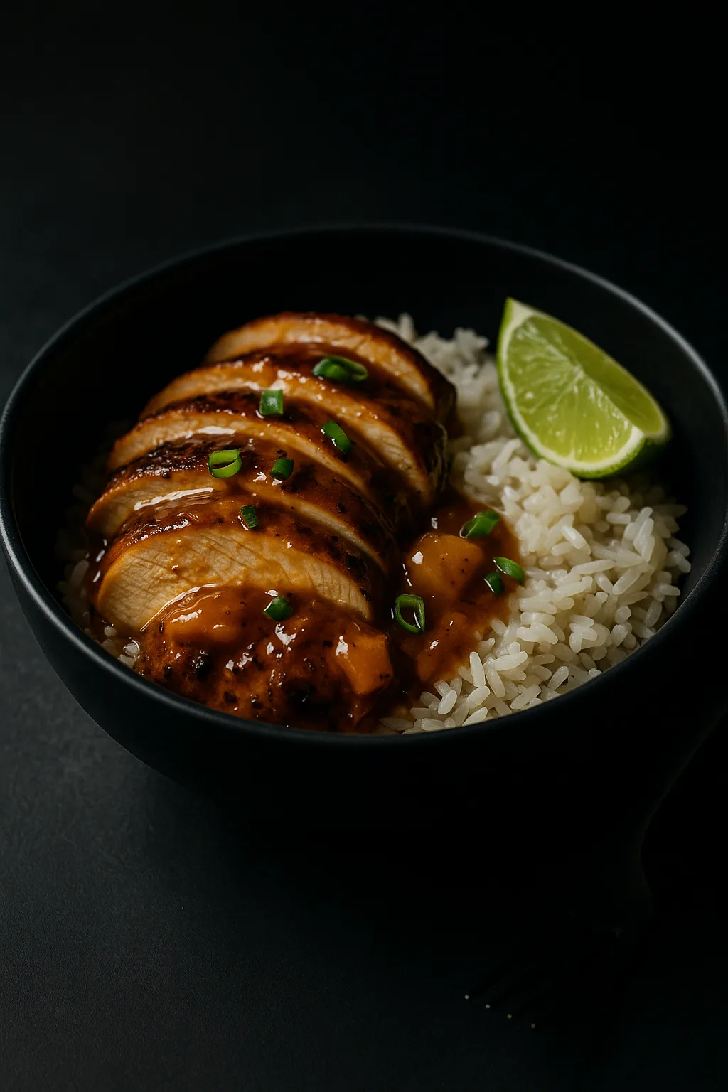 Instant Pot jerk mango lime chicken served over coconut rice in a matte black bowl with mango glaze, green onion, and lime wedge