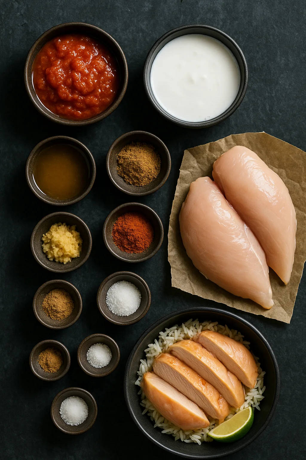 Overhead flat lay of ingredients for Instant Pot Tomato Coconut Masala Chicken arranged on dark slate with chicken breasts, spices, tomatoes, and coconut milk