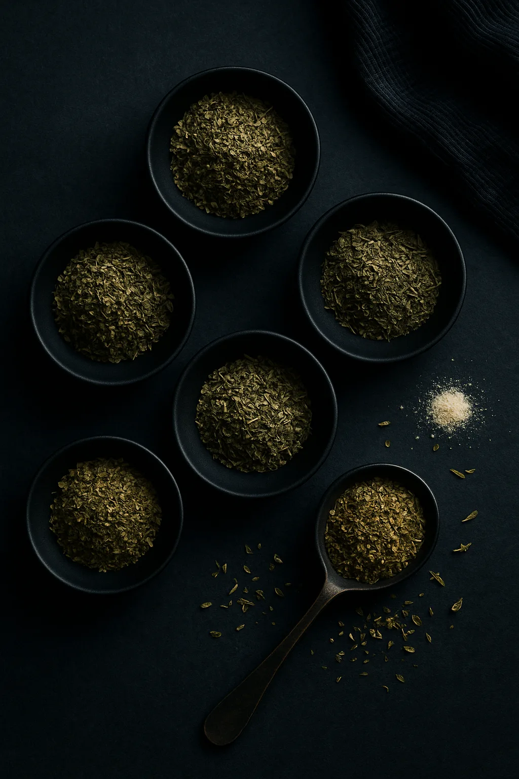 Flat lay of dried herbs including oregano, basil, thyme, rosemary, and marjoram on a slate surface