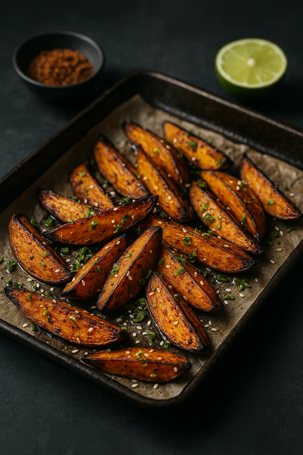 Jerk Lime Roasted Sweet Potato Wedges with lime scallion mojo on a dark slate pan