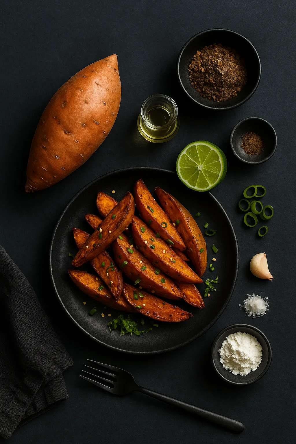 Jerk Lime Roasted Sweet Potato Wedges ingredients arranged on slate with lime scallion mojo items