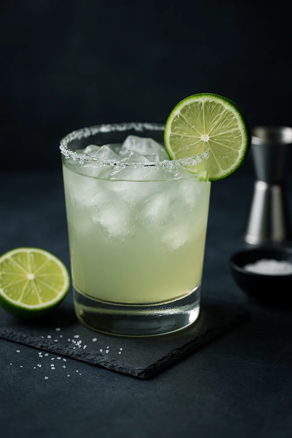 lime margarita with light salt rim and lime wheel on dark slate, moody natural light