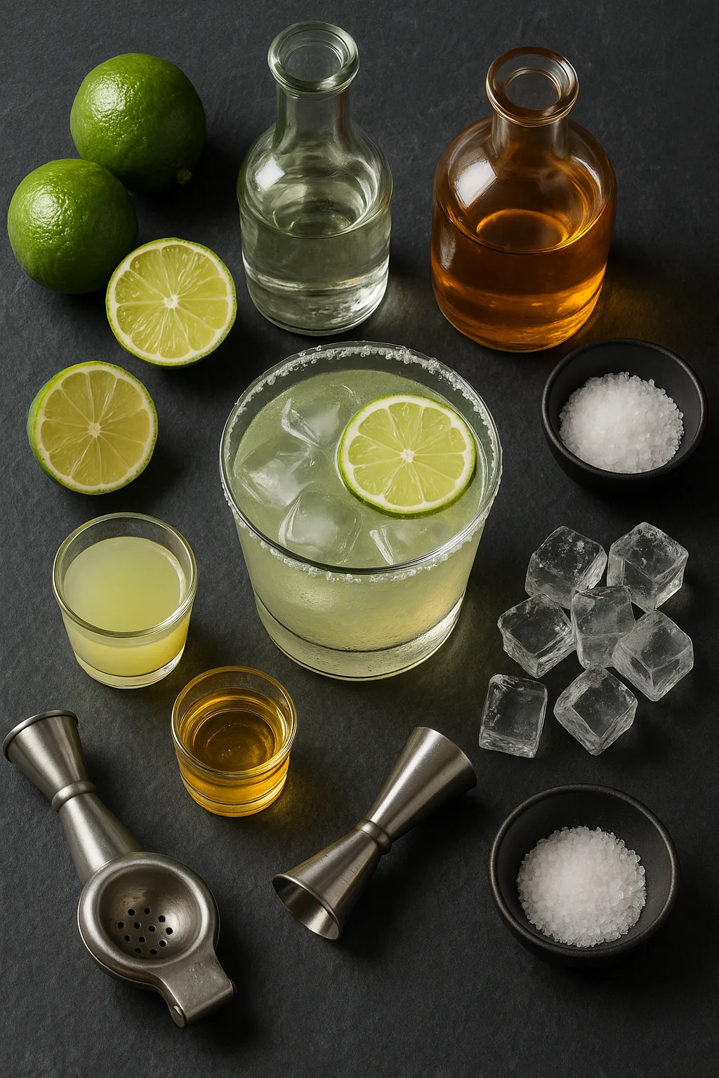 ingredient flat lay for lime margarita with fresh lime juice, silver tequila, and orange liqueur on dark slate