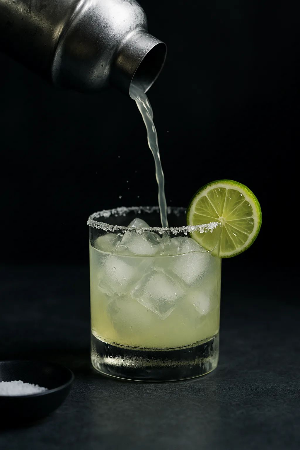 lime margarita being poured from shaker into a salt-rimmed rocks glass over ice, moody cinematic light