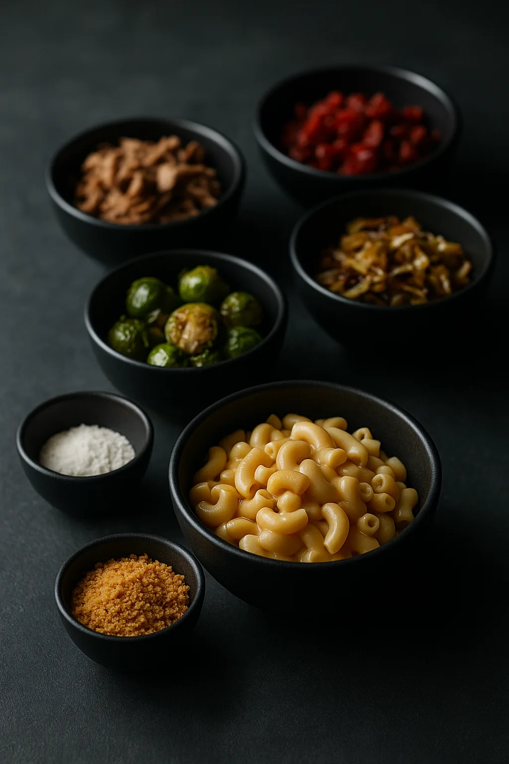 45 degree angle shot of mac and cheese creative add ins in black bowls on a dark slate surface