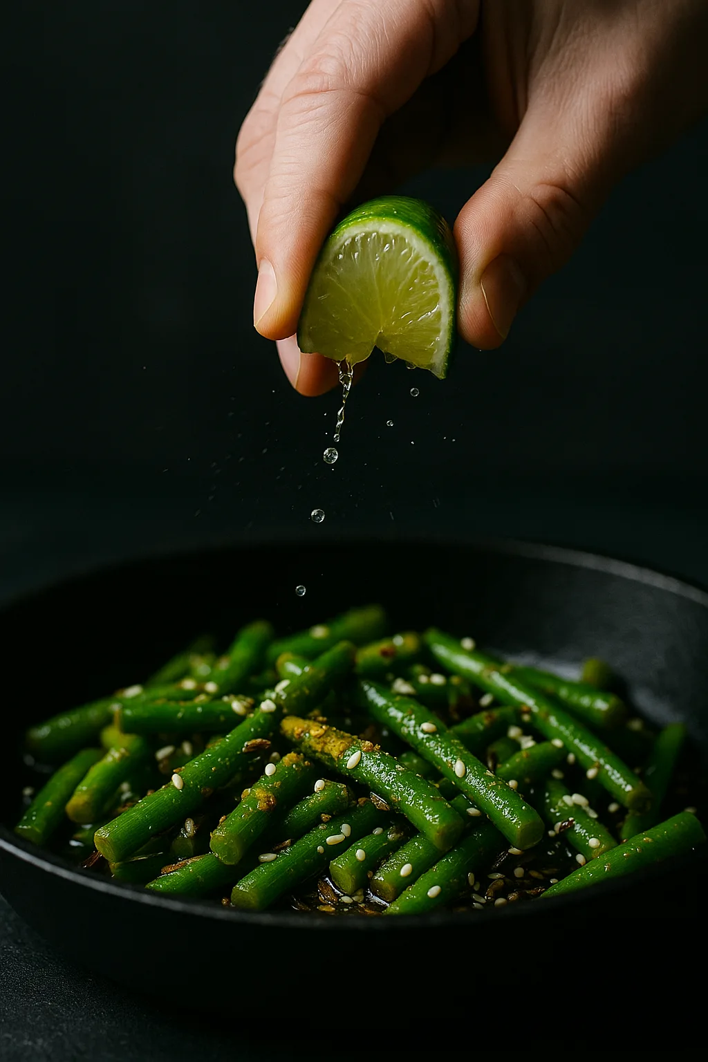 Hand tossing Masala Sizzled Garlic Green Beans in a skillet with lime juice drizzle
