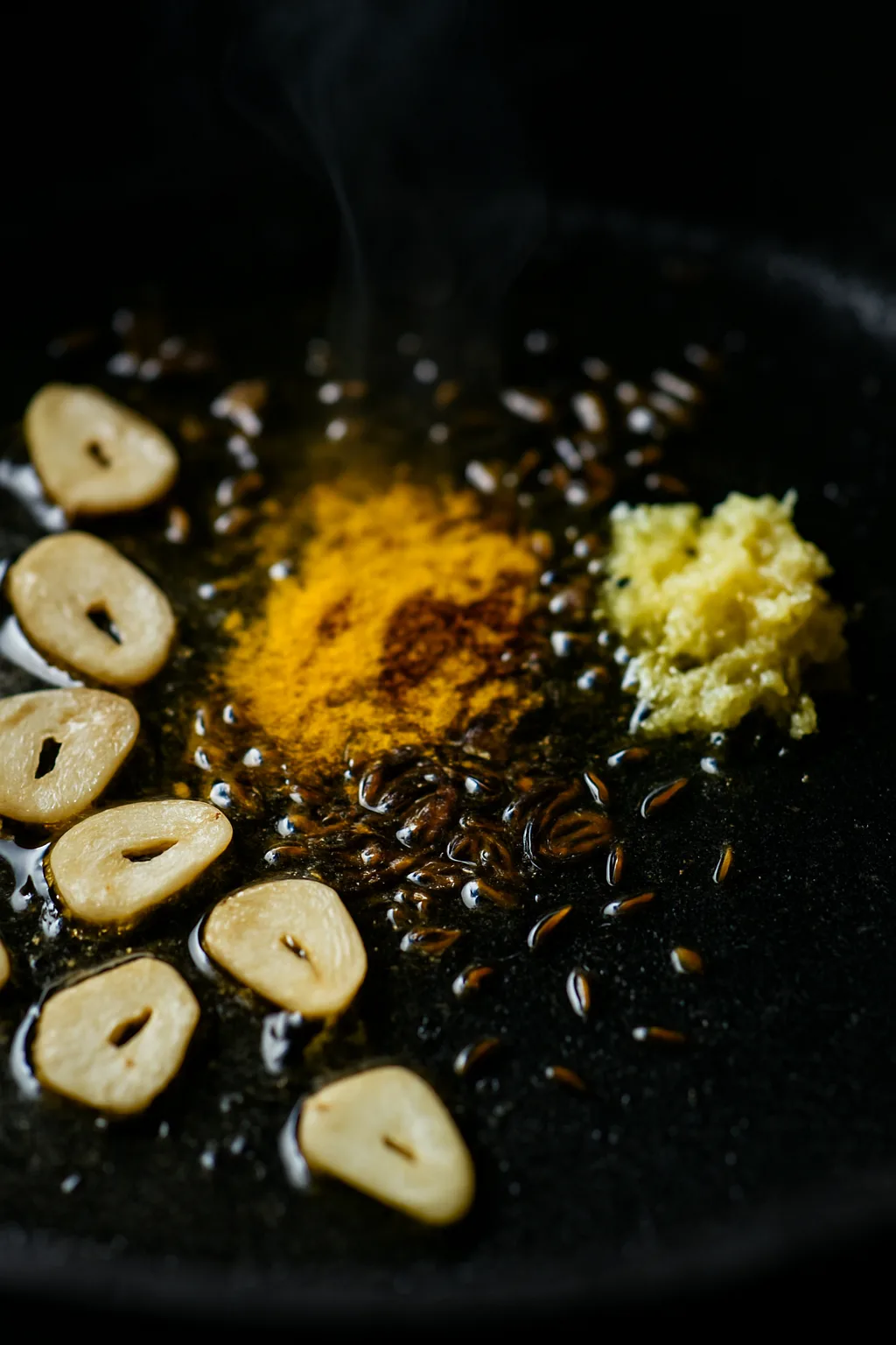 Cumin seeds, garlic chips, and ginger sizzling in hot ghee in a dark skillet