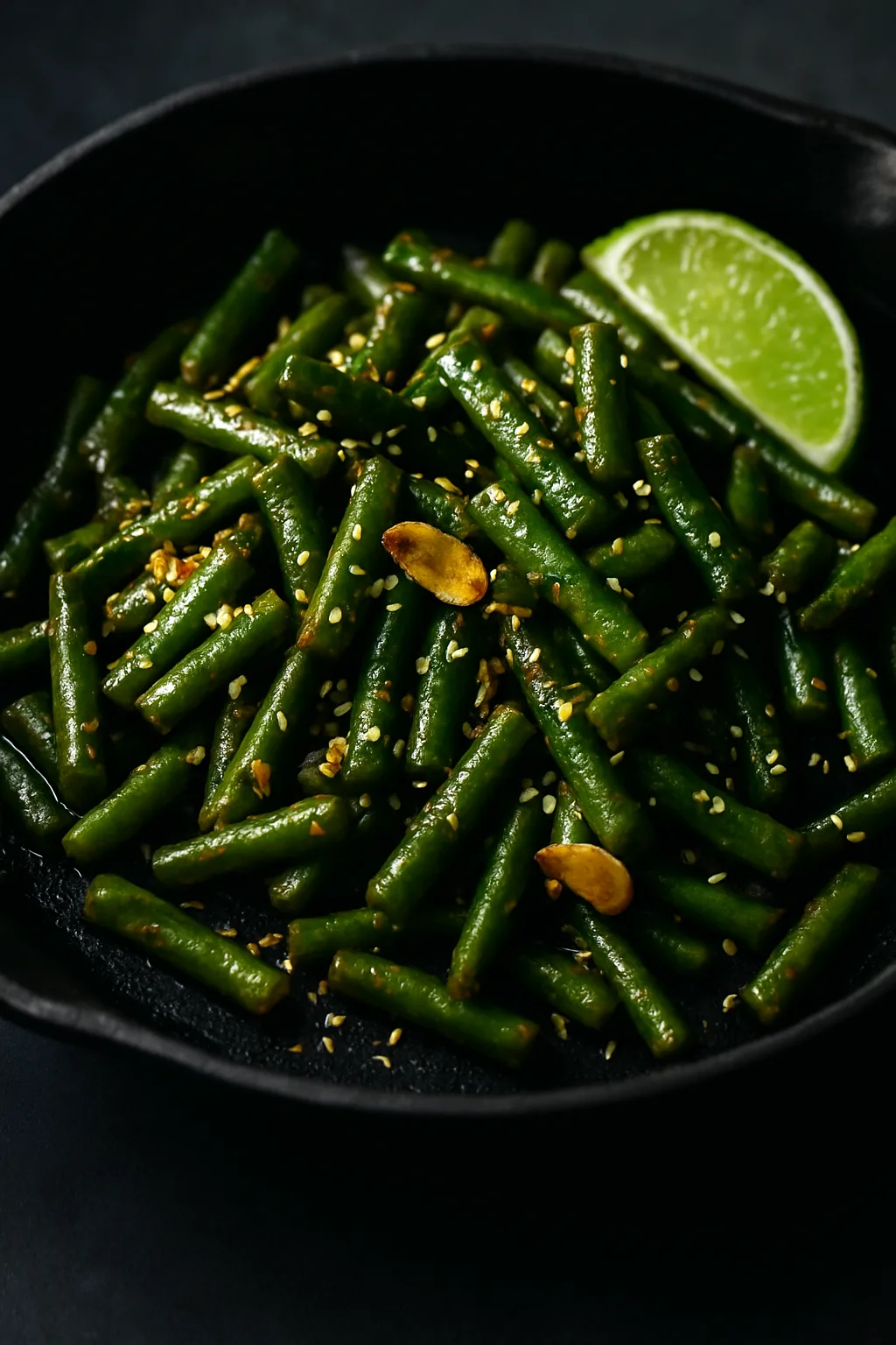Masala Sizzled Garlic Green Beans in a dark skillet with lime zest and sesame seed finish