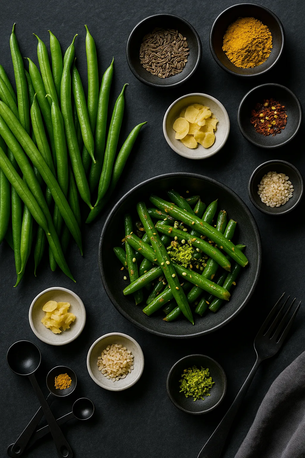 Overhead flat-lay of ingredients for Masala Sizzled Garlic Green Beans on a dark slate surface