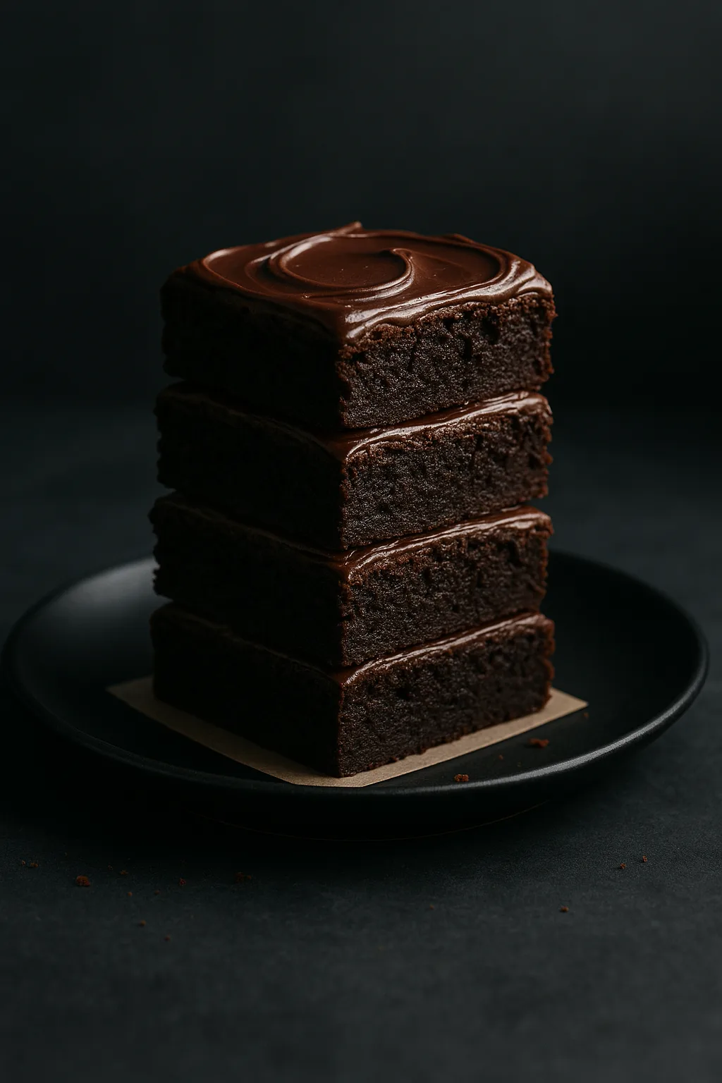 One Bowl Ultra Fudgy Frosted Brownies stacked on a matte black plate on a dark slate table, glossy frosting and clean edges