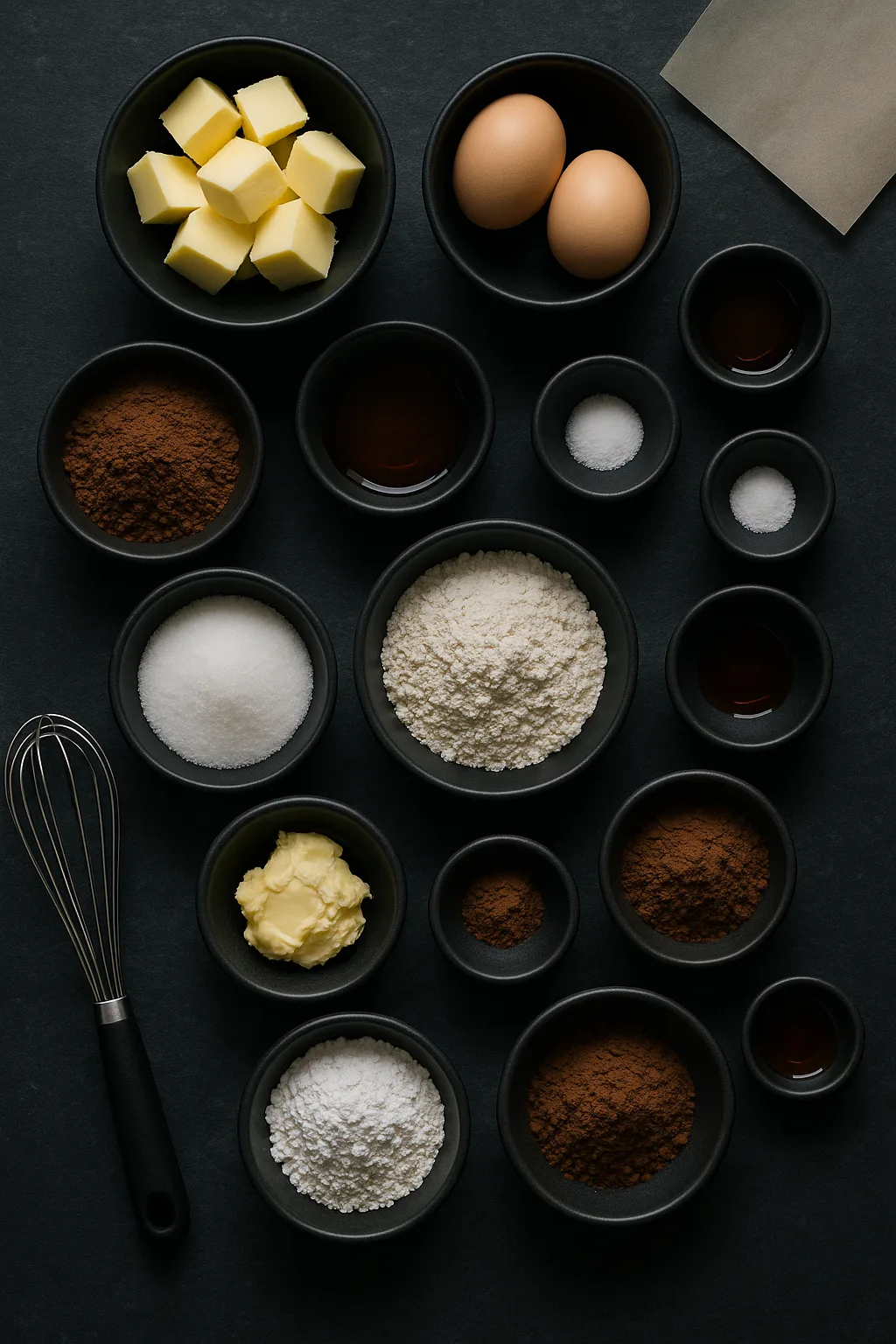 Ingredients for One Bowl Ultra Fudgy Frosted Brownies arranged in matte black bowls on a dark slate surface