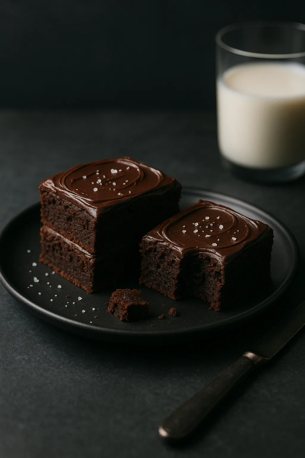 served on a dark slate colored table with a matte black ceramic plate and a glass of milk