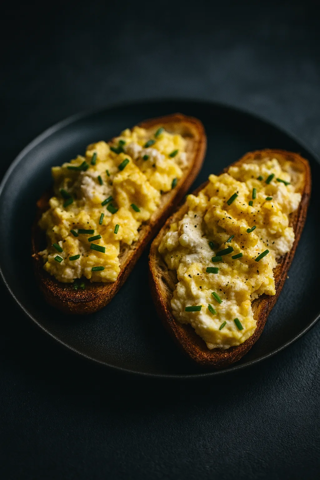 Ricotta eggs on toast served on sourdough with creamy scrambled eggs and chives on a matte black plate