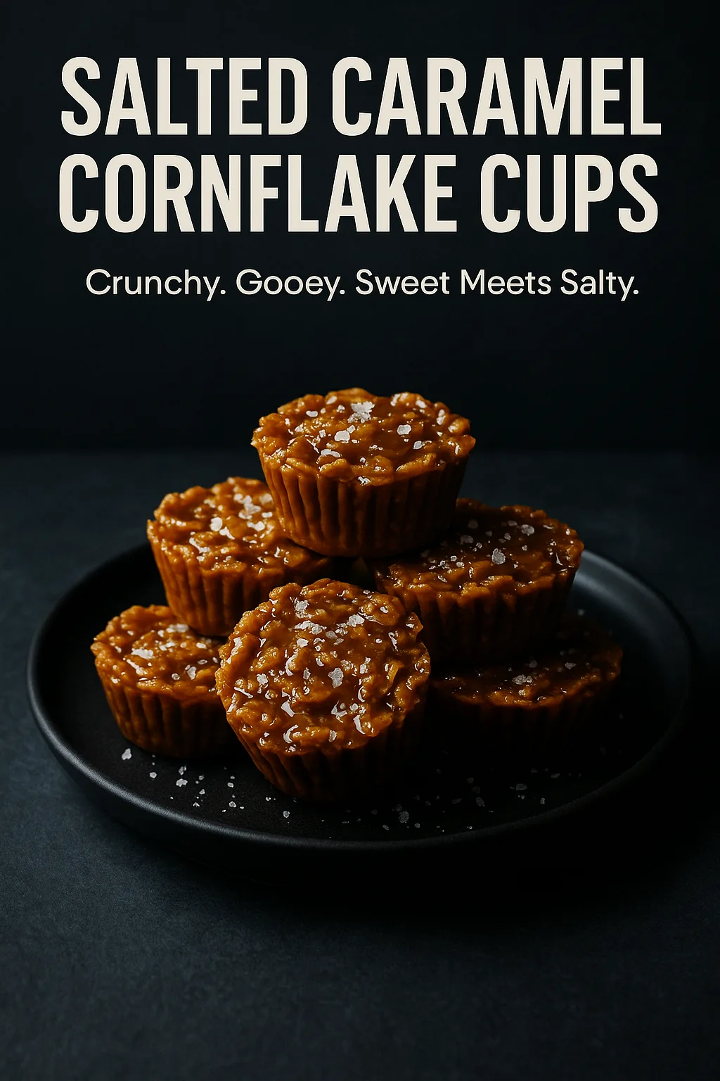 Editorial magazine cover featuring salted caramel cornflake cups on matte black plate with text overlay
