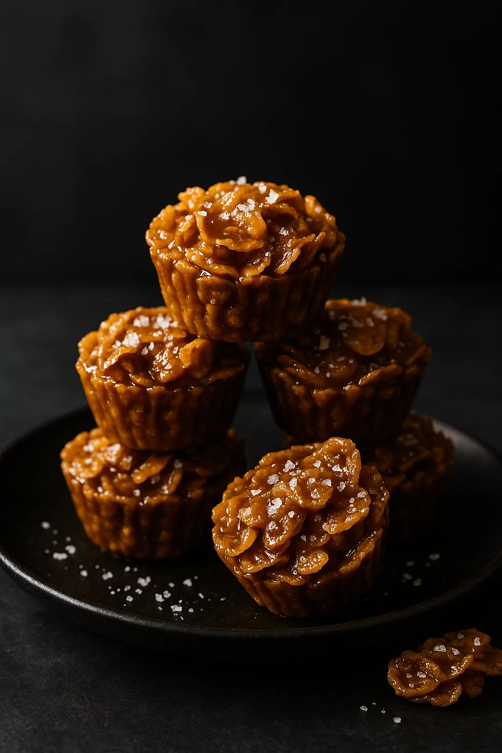 Salted caramel cornflake cups stacked on a matte black ceramic plate with sea salt on top