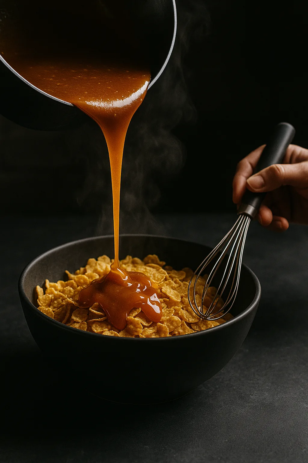 Caramel being poured over cornflakes in a black bowl with a whisk nearby
