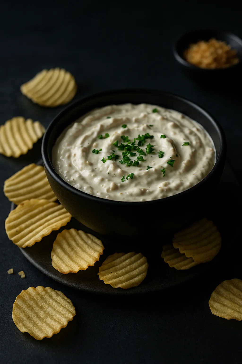 Simple sour cream onion dip in a matte black bowl with chips on dark slate
