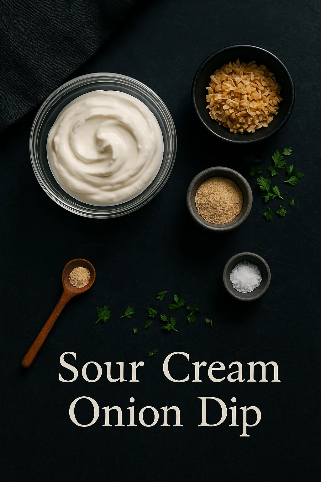 Ingredients for simple sour cream onion dip laid out on dark slate