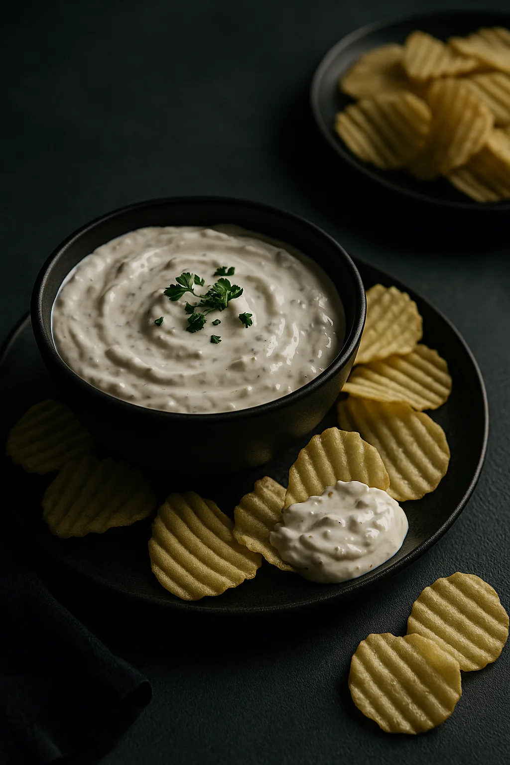 Simple sour cream onion dip served in matte black bowl with chips