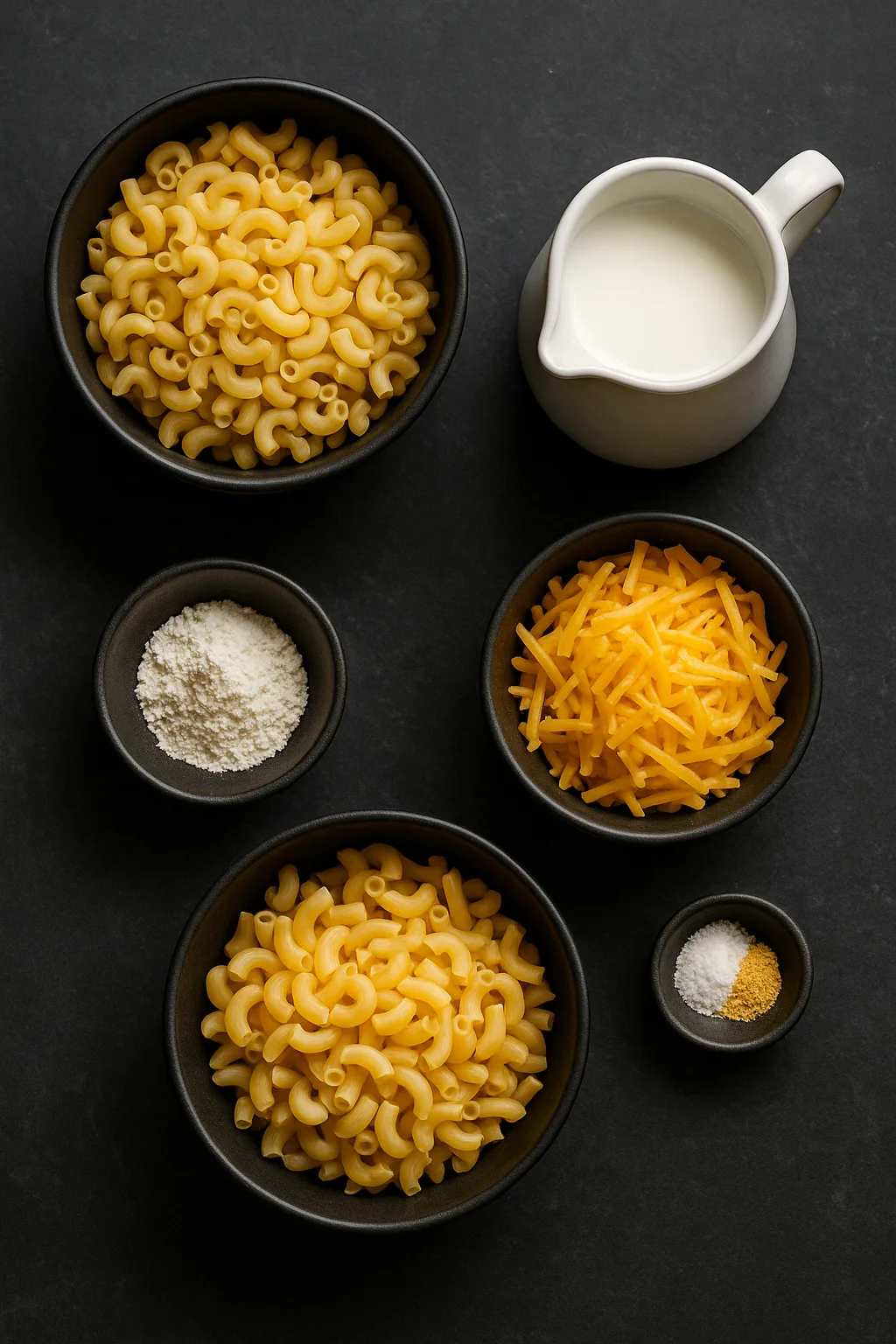 Flat lay of macaroni and cheese ingredients in small bowls on a dark slate surface