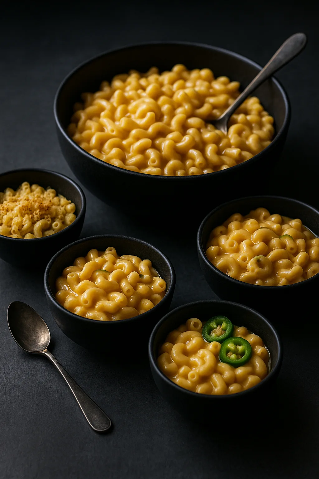 Family style serving of stovetop macaroni and cheese in matte black bowls on a dark slate table