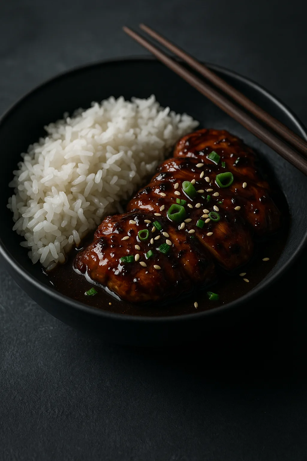 Ultra realistic hero shot of homemade teriyaki chicken with steamed rice in a matte black bowl on a dark slate surface