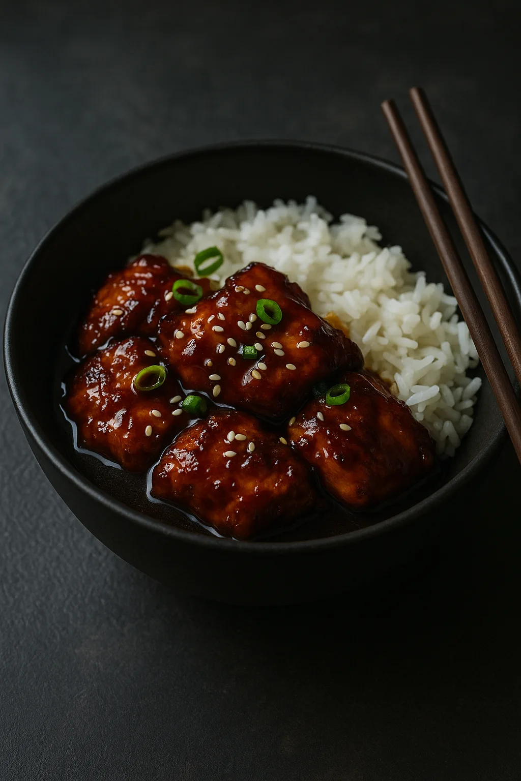 Ultra realistic serving scene of teriyaki chicken and steamed rice in a matte black bowl with sesame seeds and green onions