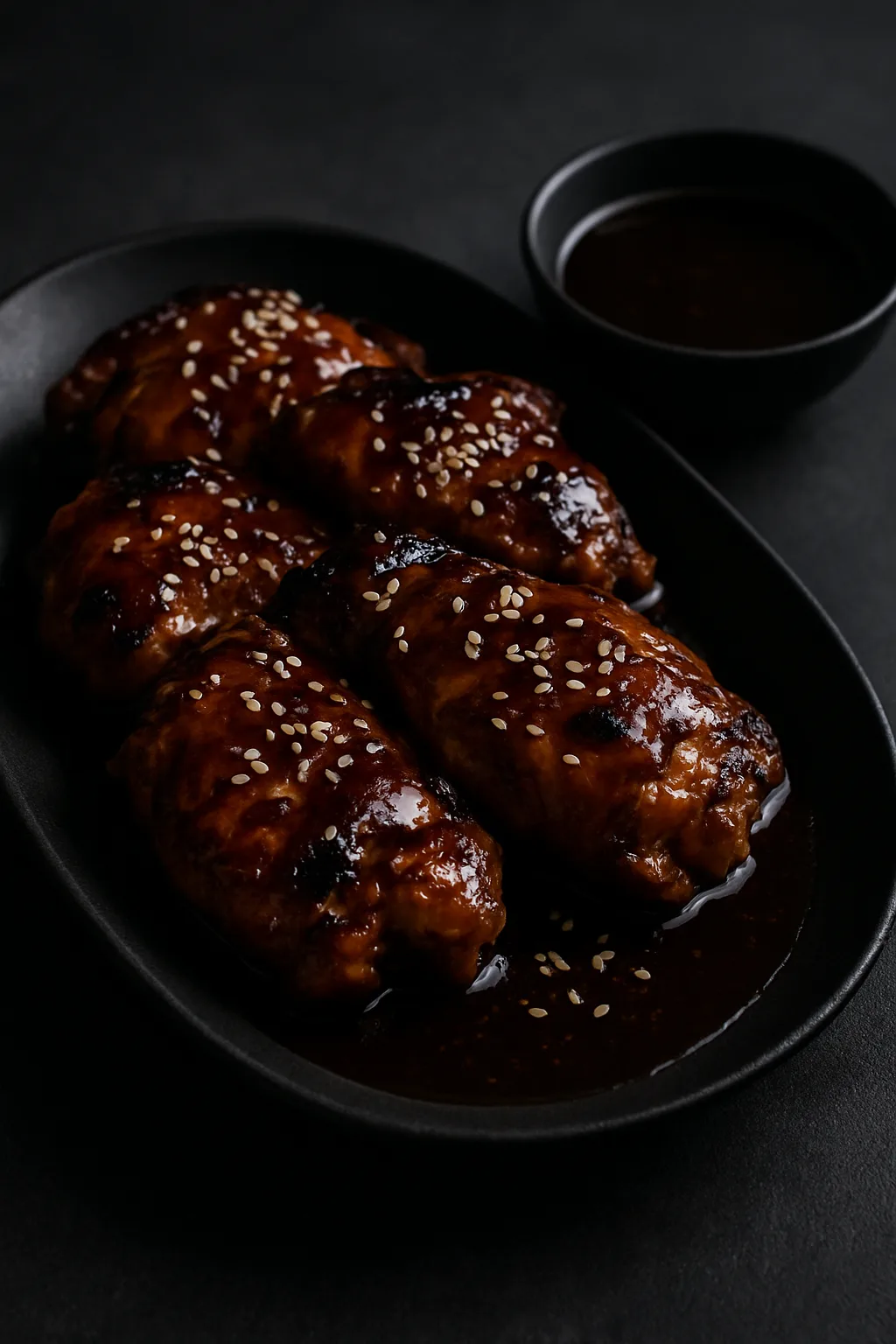 Ultra realistic serving scene of grilled chicken thighs brushed with sticky teriyaki glaze on a matte black platter with sesame seeds