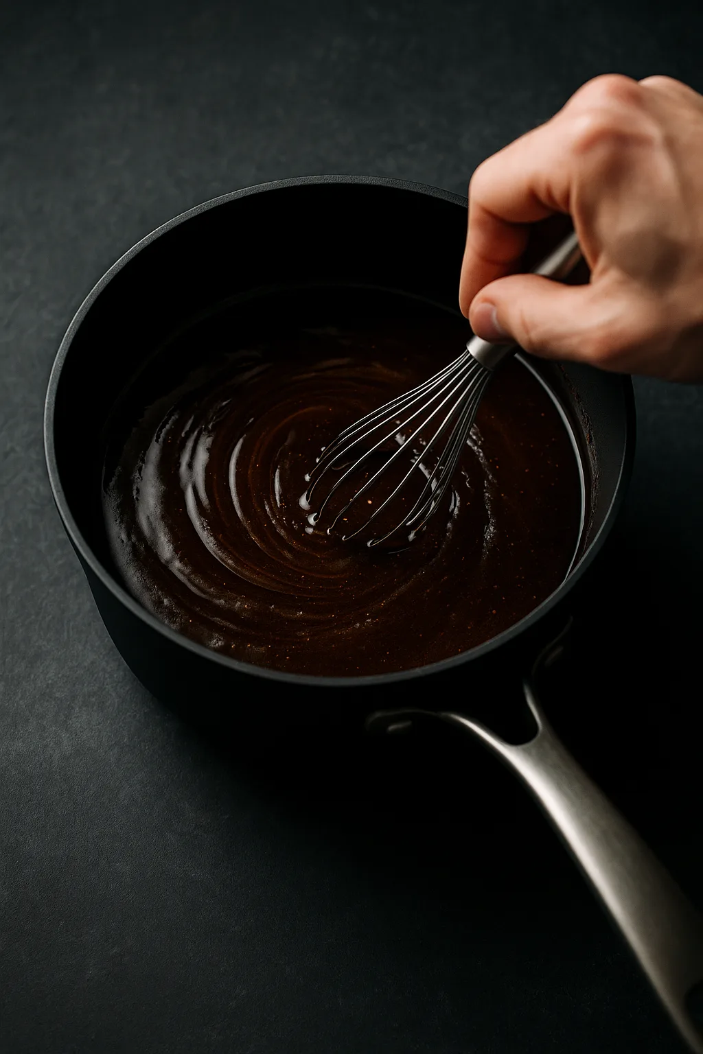 Ultra realistic action shot of cornstarch slurry being whisked into simmering teriyaki sauce in a matte black saucepan