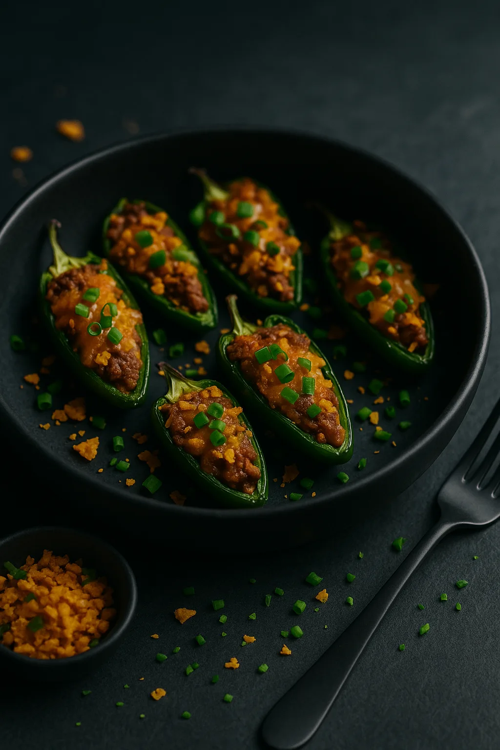 Doritos taco stuffed jalapeño poppers served in a matte black ceramic bowl on a dark slate table