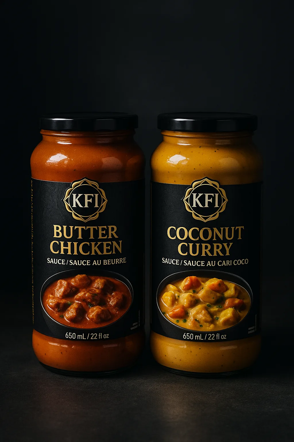 Jars of KFI Butter Chicken Sauce and KFI Coconut Curry Sauce on dark slate background