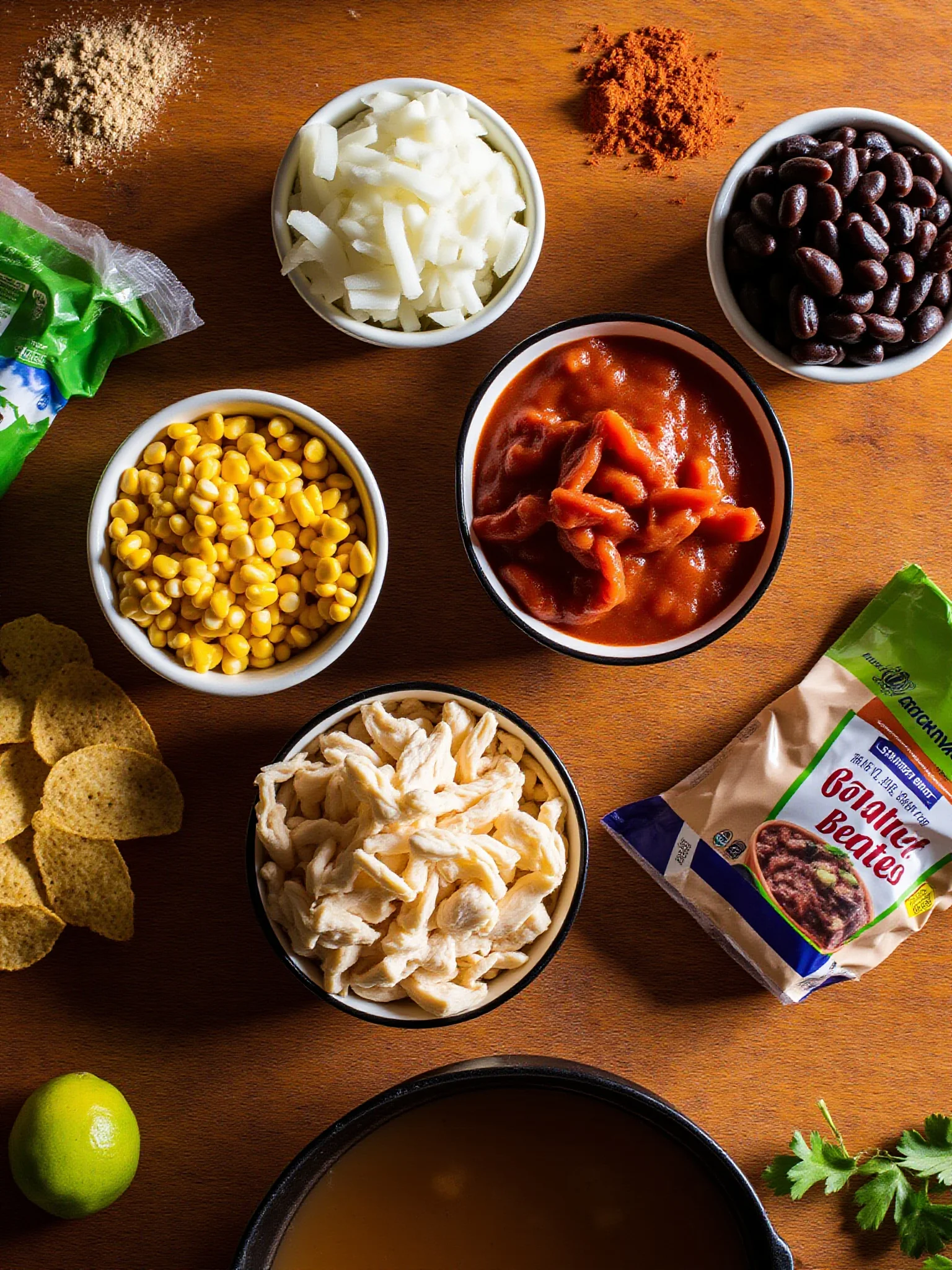 A spread of chicken tortilla soup ingredients: diced onion, minced garlic, green enchilada sauce, crushed tomatoes, black beans, frozen corn, cumin, paprika, and shredded rotisserie chicken ready in the Instant Pot
