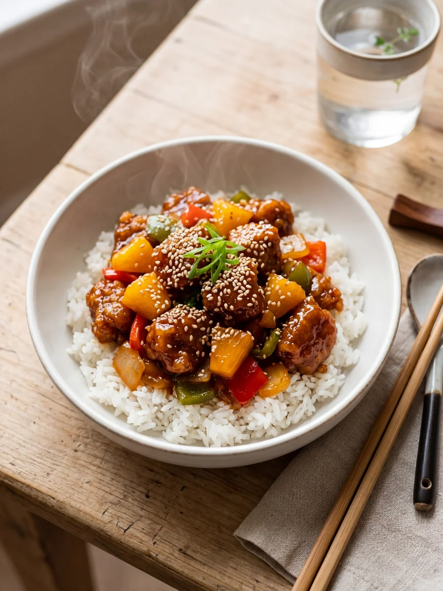 Sweet and sour pork over white rice in a white bowl, glistening with glossy amber sauce, pineapple chunks and sesame seeds on top