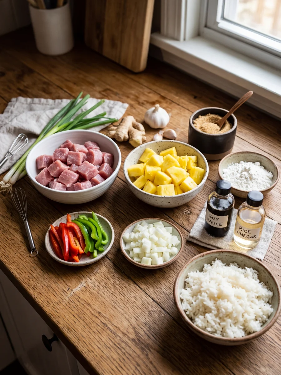 Sweet and sour pork ingredients arranged in a flat lay - pork tenderloin, pineapple chunks, bell peppers, onions, rice, and sauce ingredients on a wooden counter