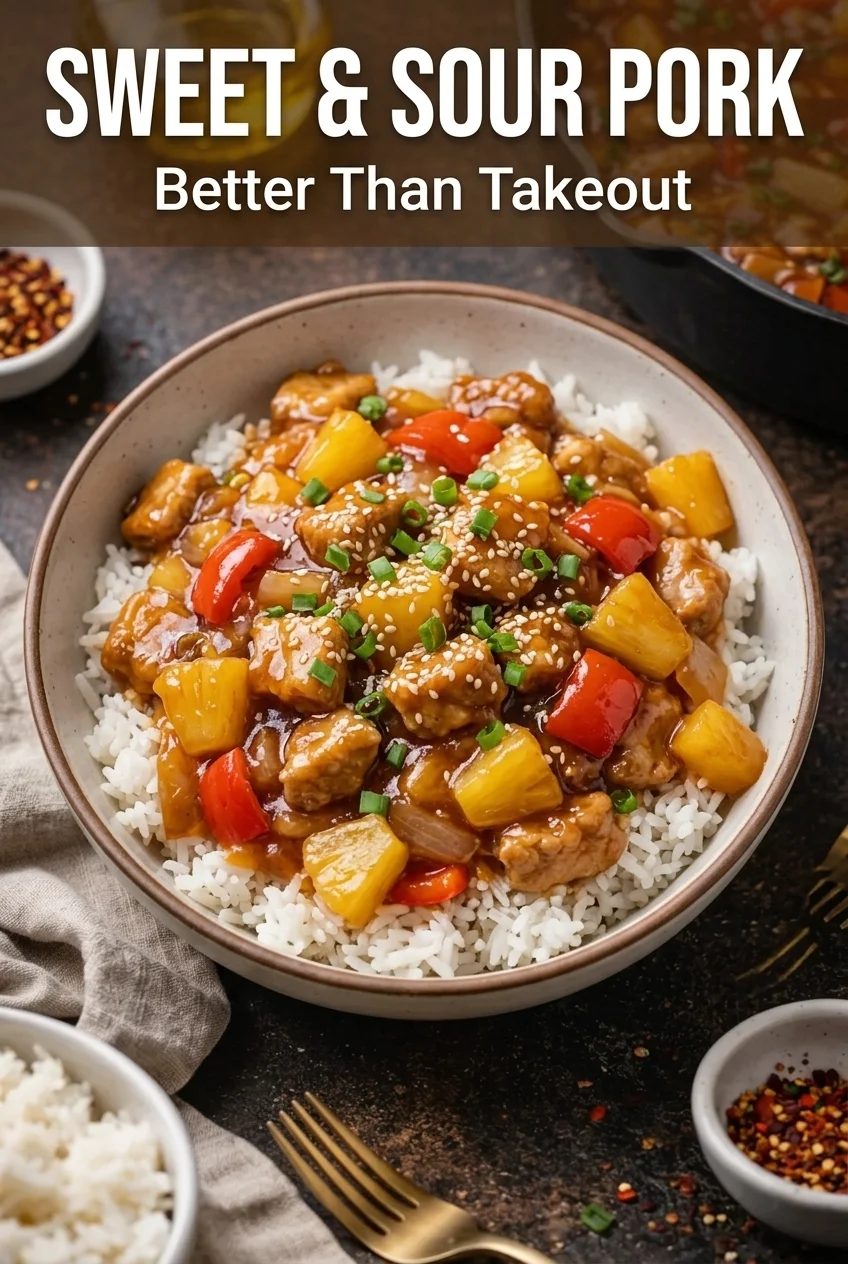 Sweet and sour pork in glossy amber sauce served over white rice - Better Than Takeout