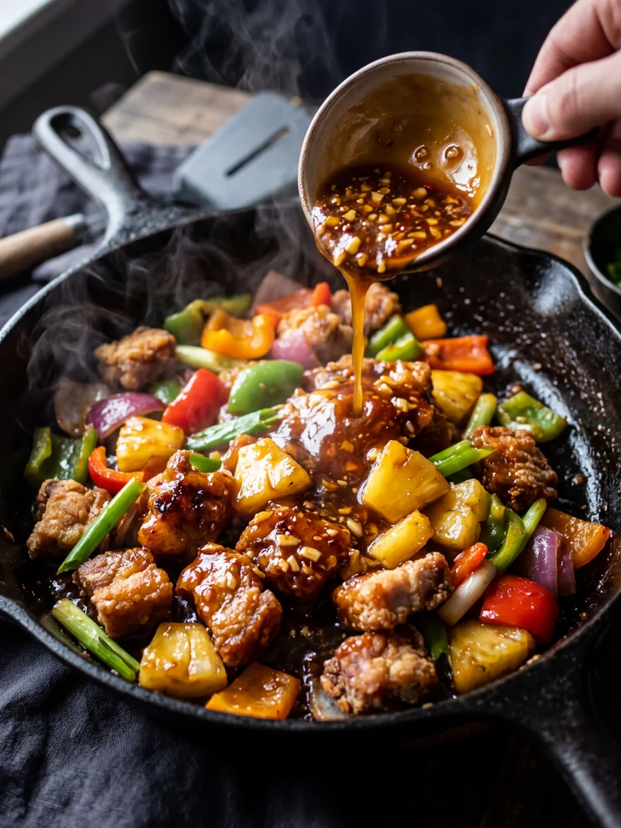 Close-up overhead shot of glossy amber sweet and sour sauce being poured over pork and vegetables in a dark pan